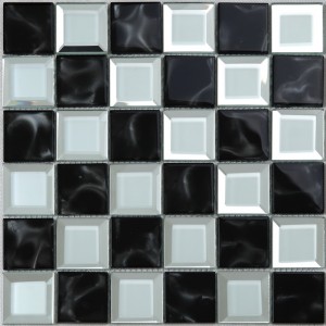 Cozinha banheiro preto e branco borda chanfrada espelho vidro mosaico parede telha xadrez