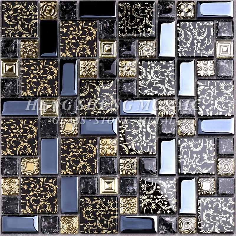 HDT02 Arabesque New Design linha de Ouro Laminado Preto Vidro Arte Flor Padrão Mosaico Azulejos para cozinha Backsplash Parede
